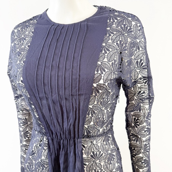 Maje Navy Blue REPINE Lace Mini Dress Size 4 Long Sleeve Formal Sheer Cocktail - Picture 5 of 11